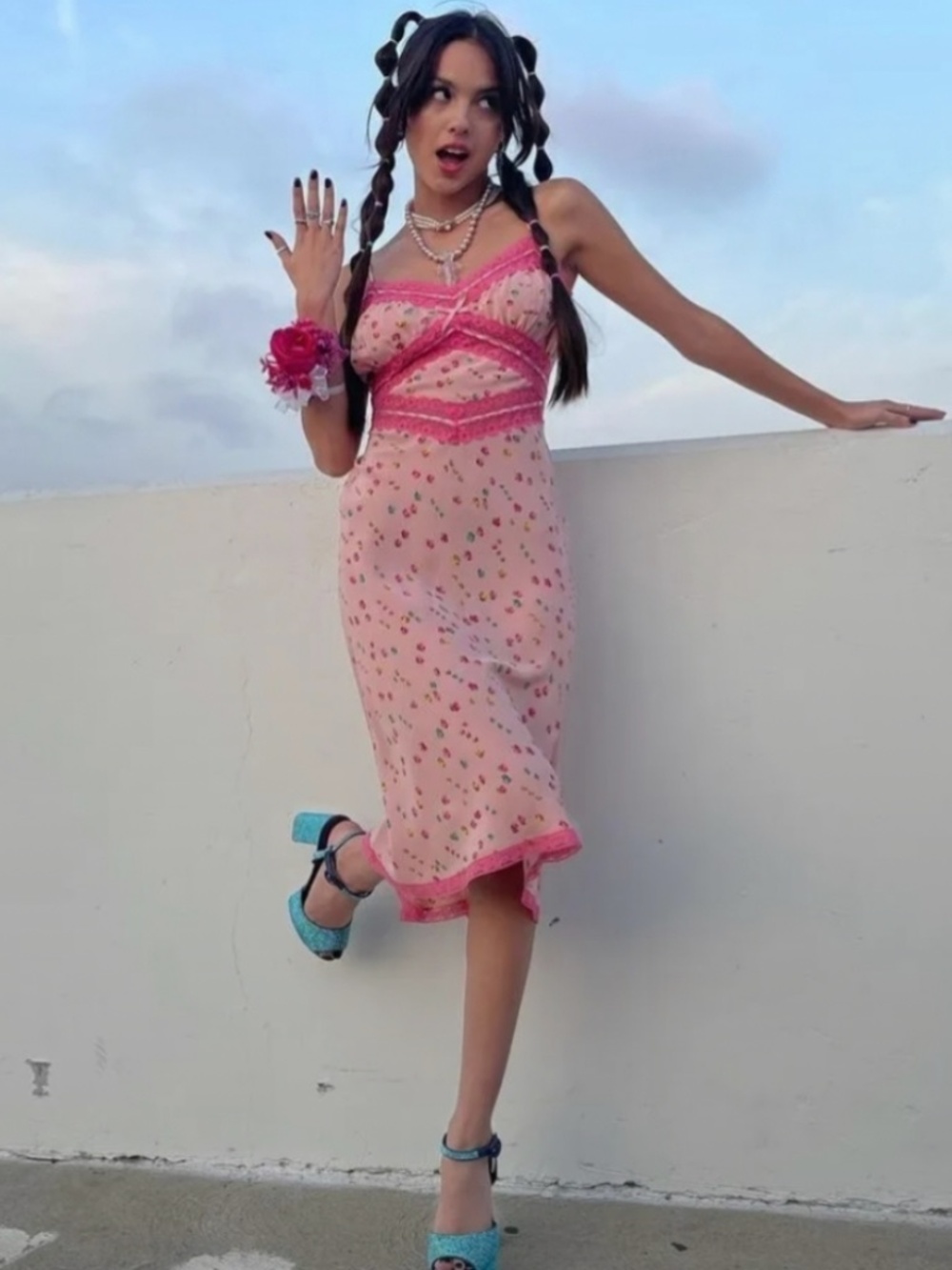 Betsey Johnson Dress Hollywood Pink Floral Lace Slip Midi NWT